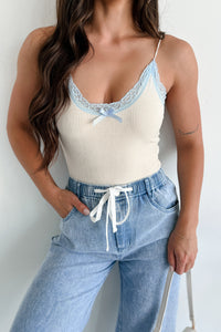 Simply Fiction Lace Trim Velvet Bodysuit (Cream/Light Blue) - NanaMacs