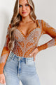 Rise To Fame Long Sleeve Rhinestone Bodysuit (Cognac) - NanaMacs