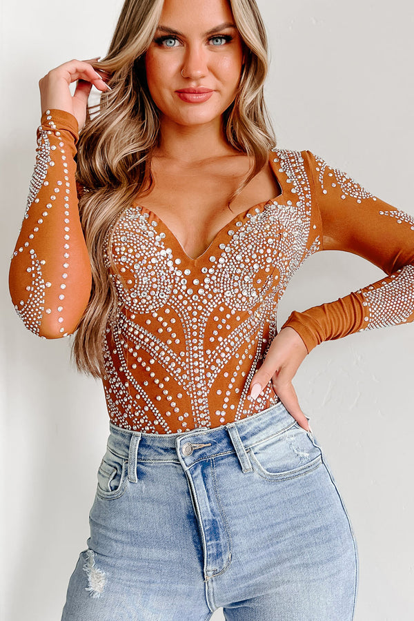 Rise To Fame Long Sleeve Rhinestone Bodysuit (Cognac) - NanaMacs