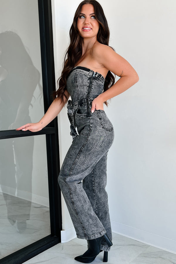 Embracing My Flaws Strapless Denim Jumpsuit (Acid Black) - NanaMacs