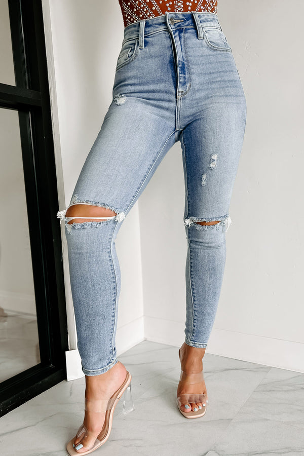 Say It Louder High Rise Distressed Cello Skinny Jeans (Light Denim) - NanaMacs