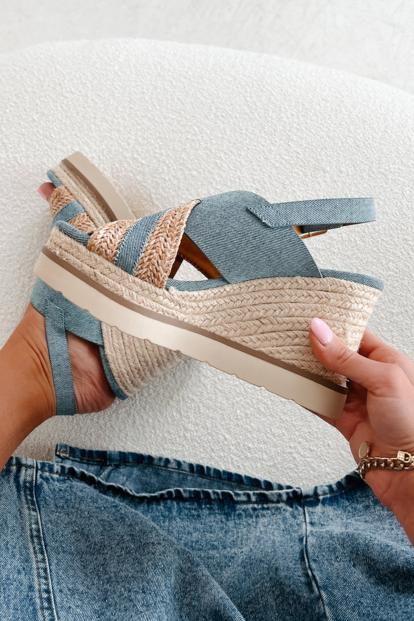 Slice Of Paradise Platform Wedge Heeled Sandal (Denim/Raffia) - NanaMacs