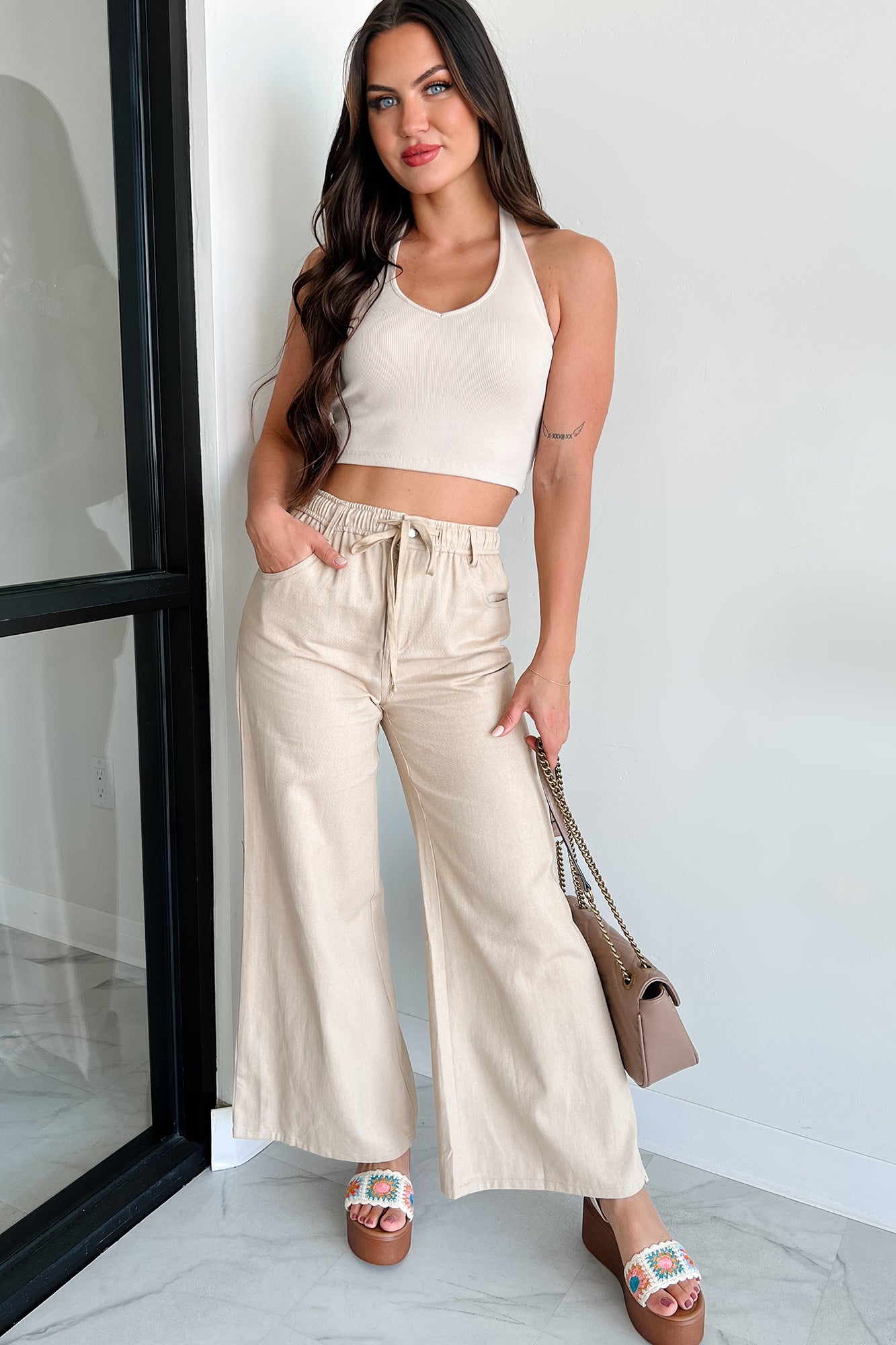 Sunny In San Fran Wide Leg Denim Pants (Beige) - NanaMacs