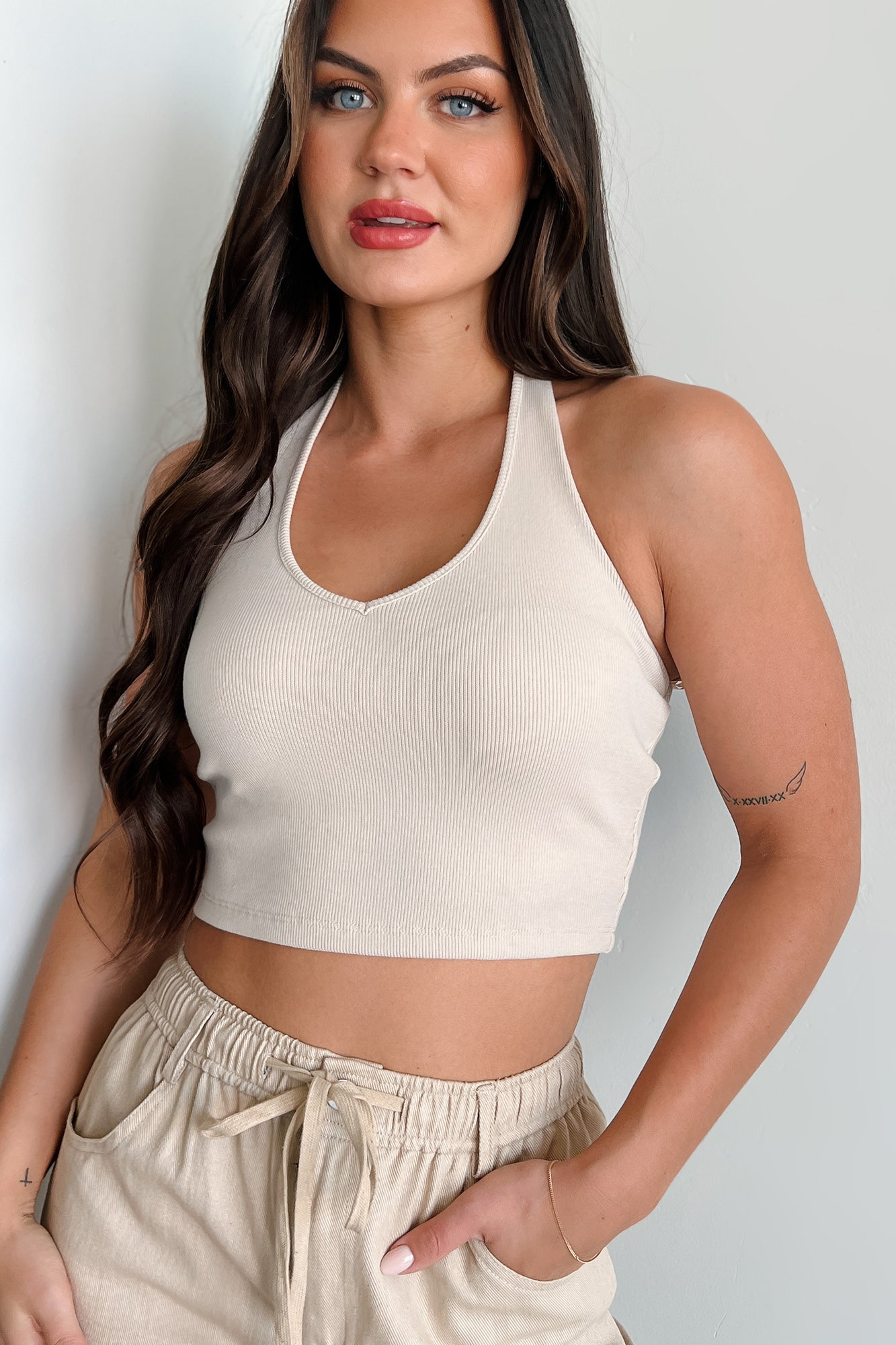 Alive & Well Ribbed Halter Crop Top (Eggshell) - NanaMacs