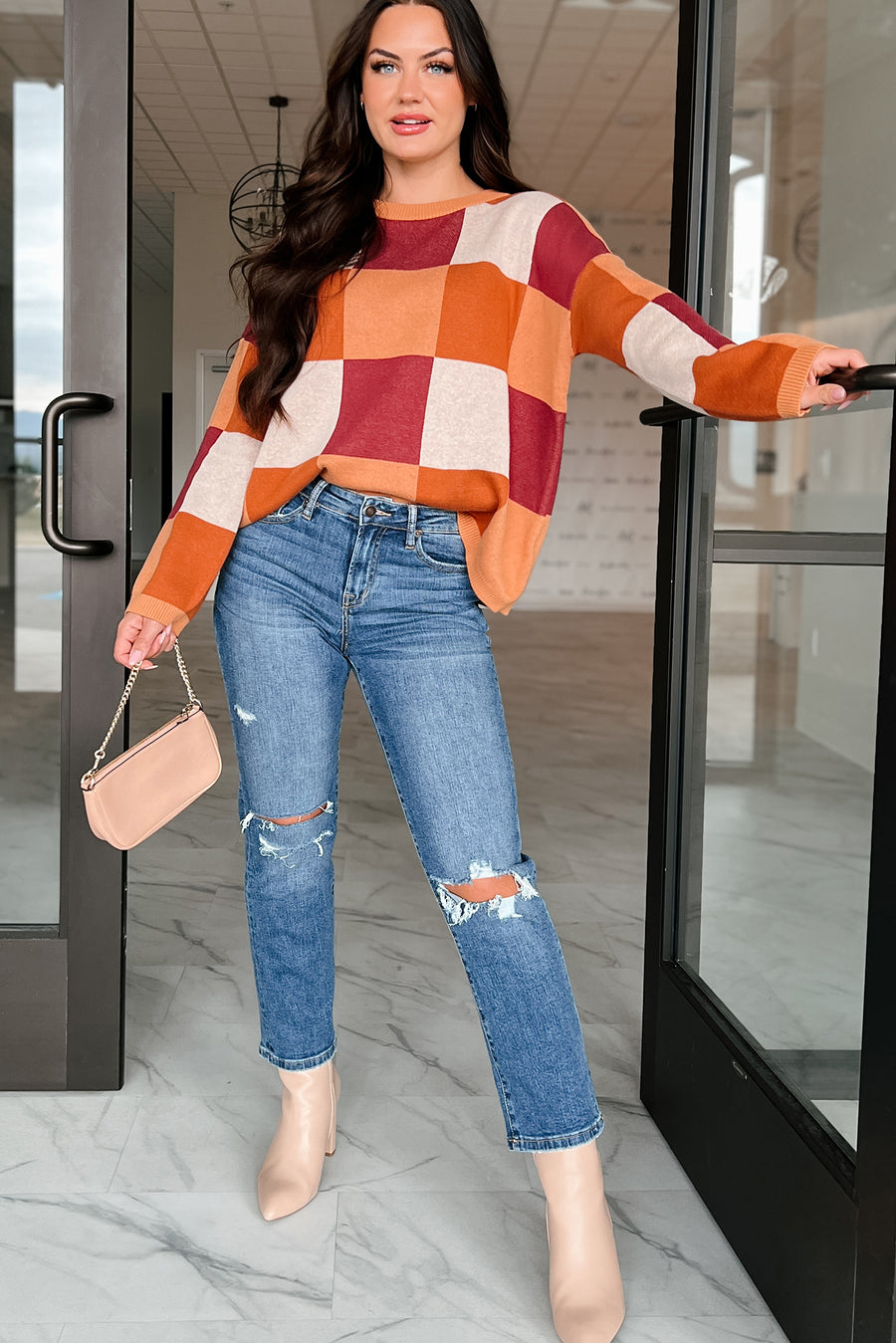 Under The Falling Leaves Colorblock Sweater (Brick Multi) - NanaMacs