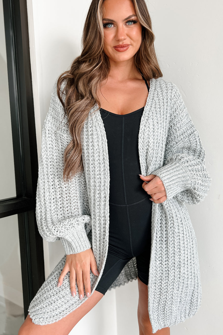 Snuggly Style Open Front Sweater Cardigan (Heather Gray) - NanaMacs