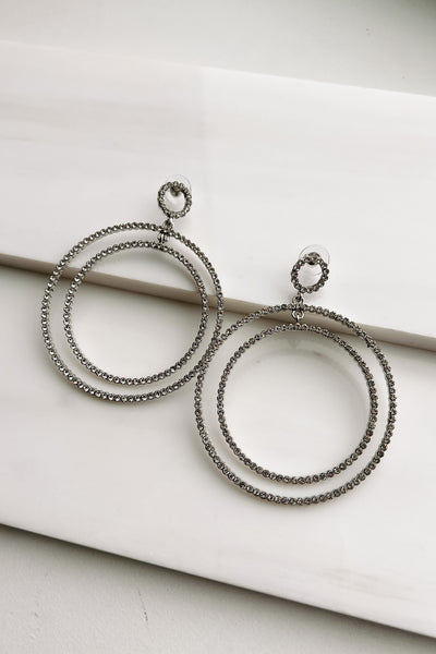 Going In Circles Rhinestone Dangle Earrings (Silver) - NanaMacs