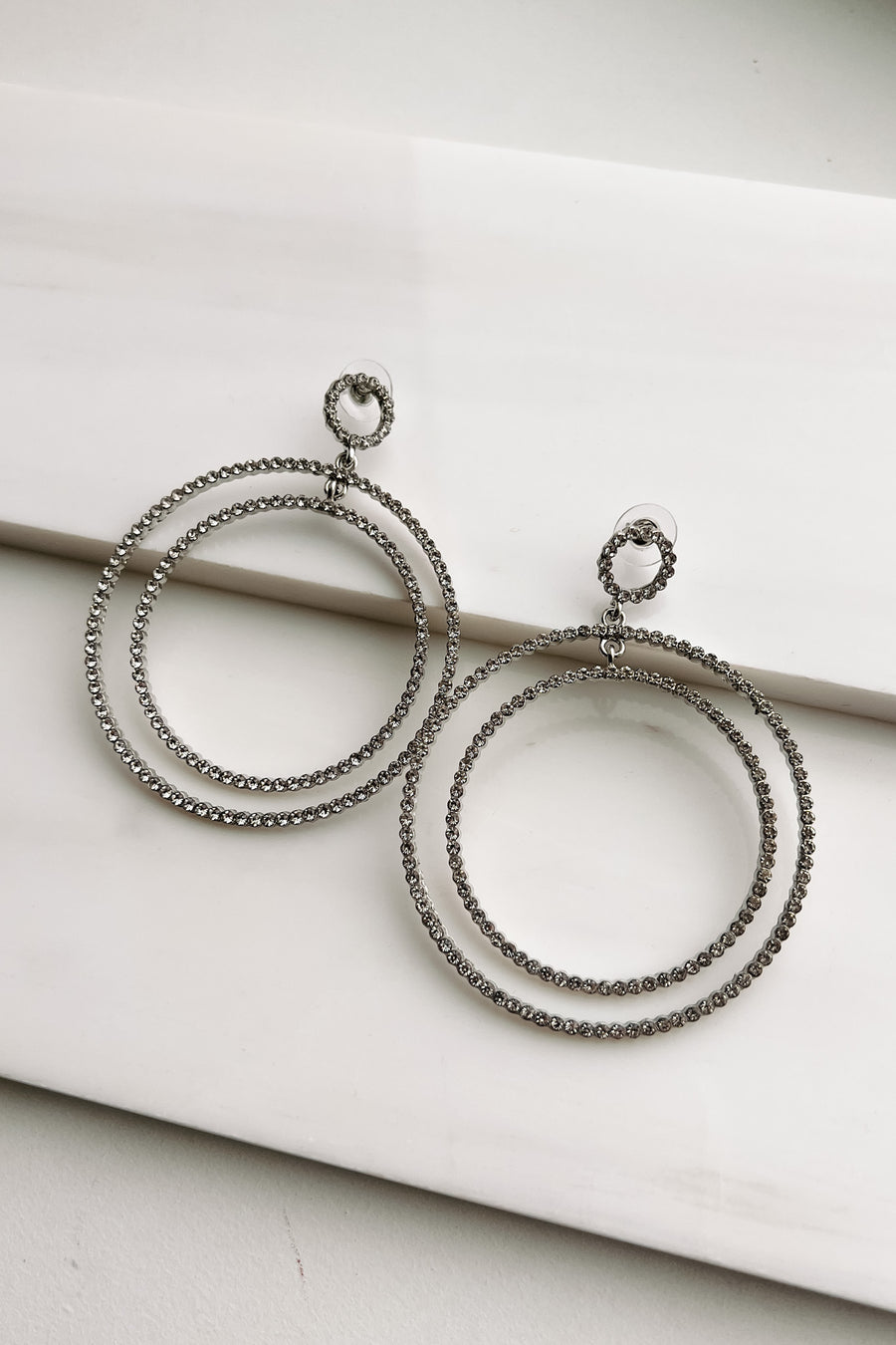 Going In Circles Rhinestone Dangle Earrings (Silver) - NanaMacs