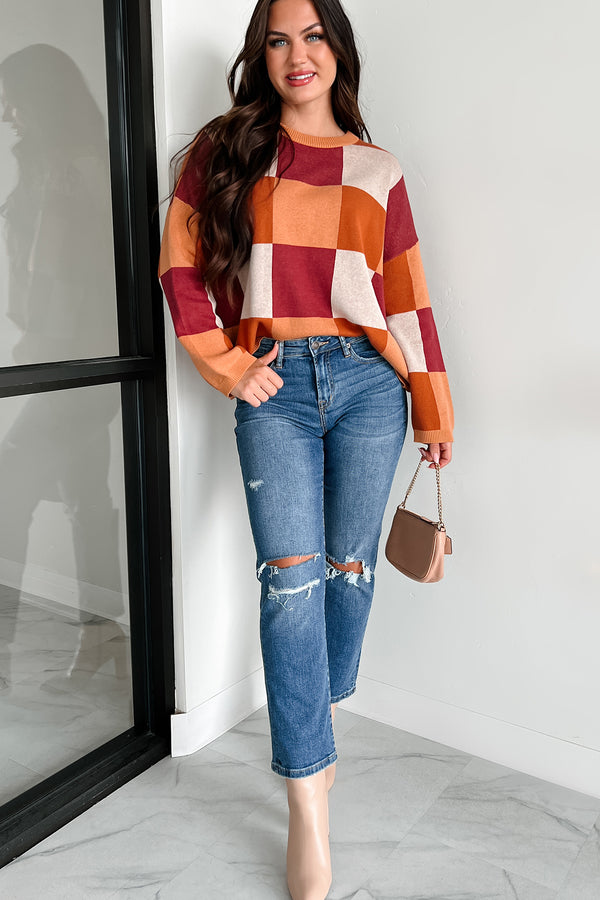 Under The Falling Leaves Colorblock Sweater (Brick Multi) - NanaMacs