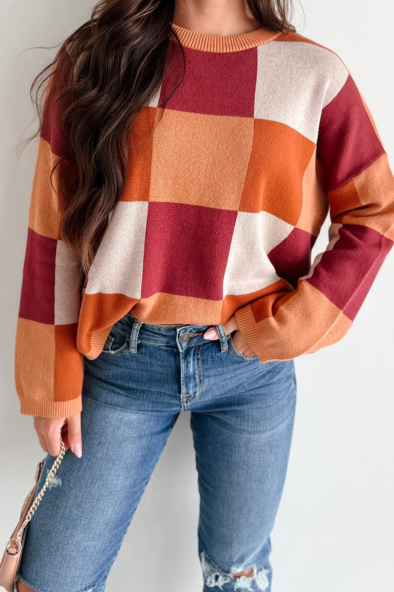 Under The Falling Leaves Colorblock Sweater (Brick Multi) - NanaMacs