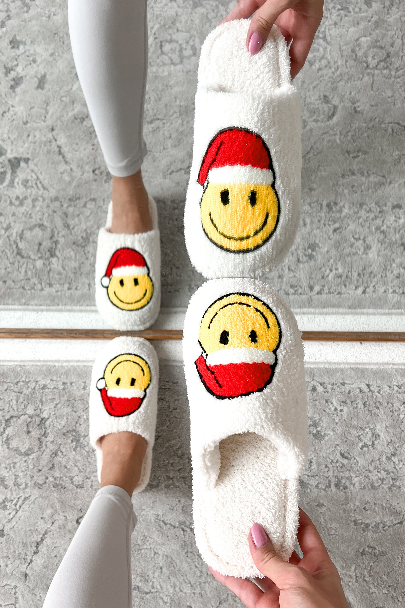 Jolly For The Holidays Fuzzy Santa Smile Slippers (White/Santa) - NanaMacs