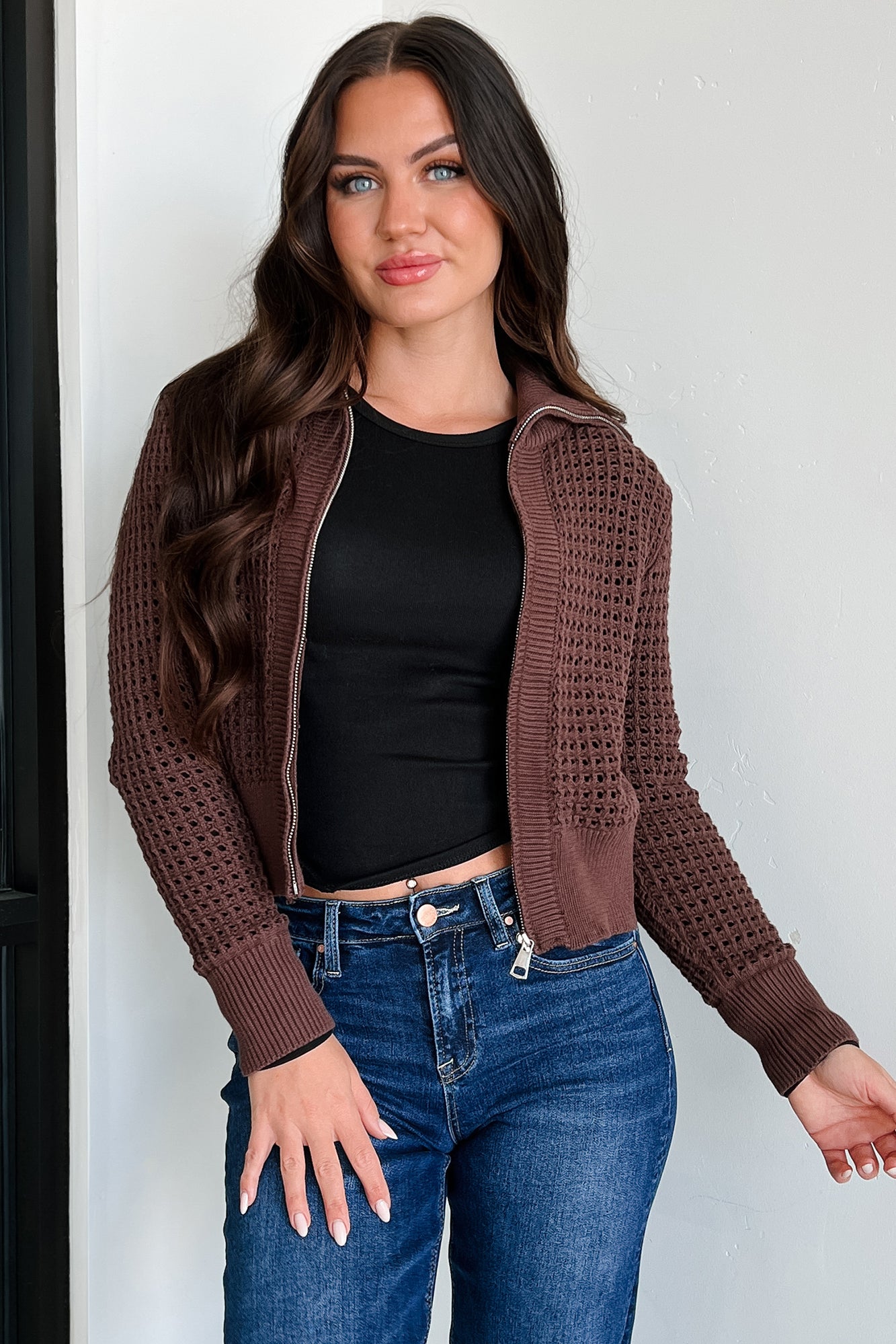 Whispered Words Zip-Up Sweater Jacket (Chocolate) · NanaMacs