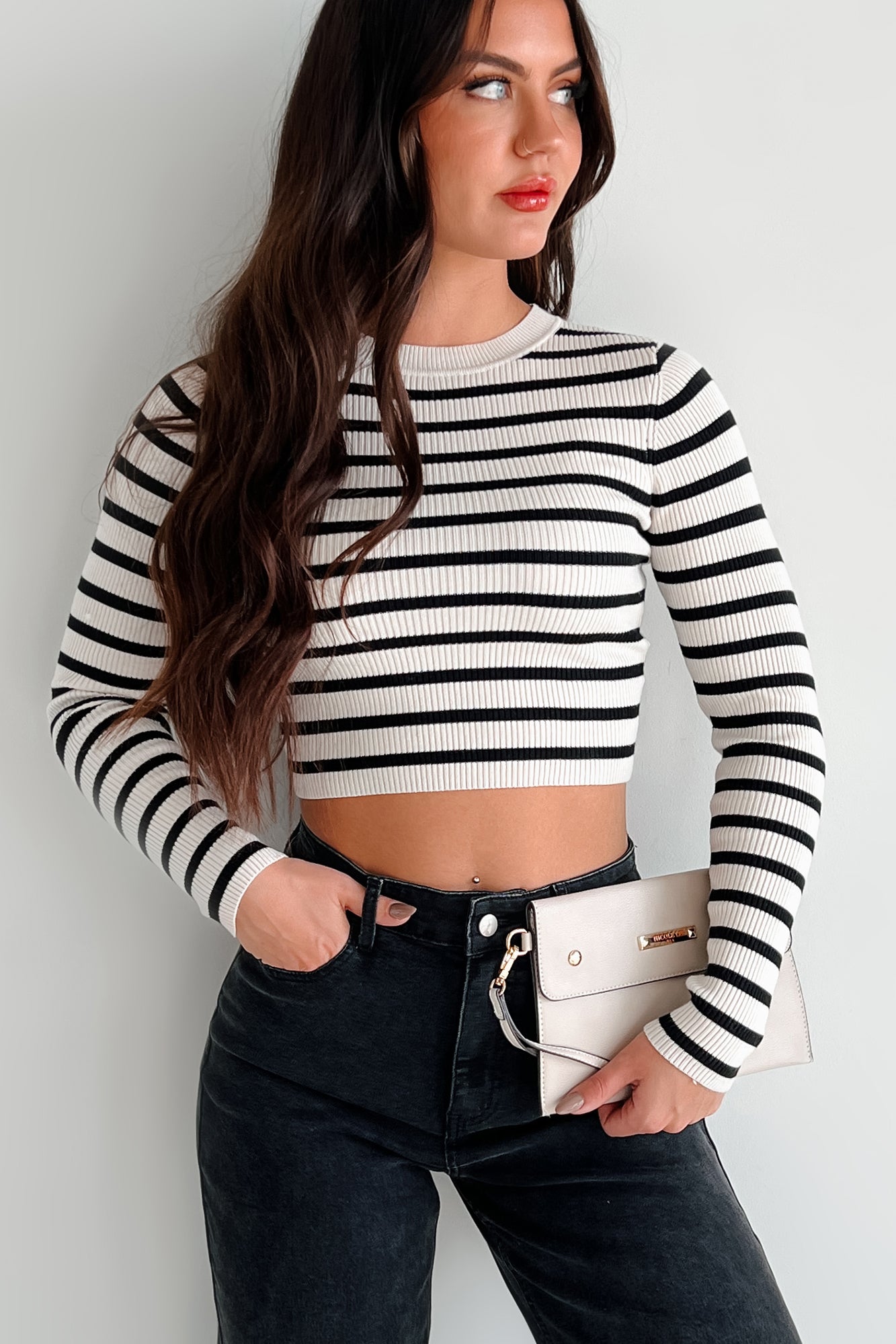 Lacy Ribbed Stripe Long Sleeve Top (Black/Ivory) - NanaMacs