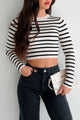 Lacy Ribbed Stripe Long Sleeve Top (Black/Ivory) - NanaMacs