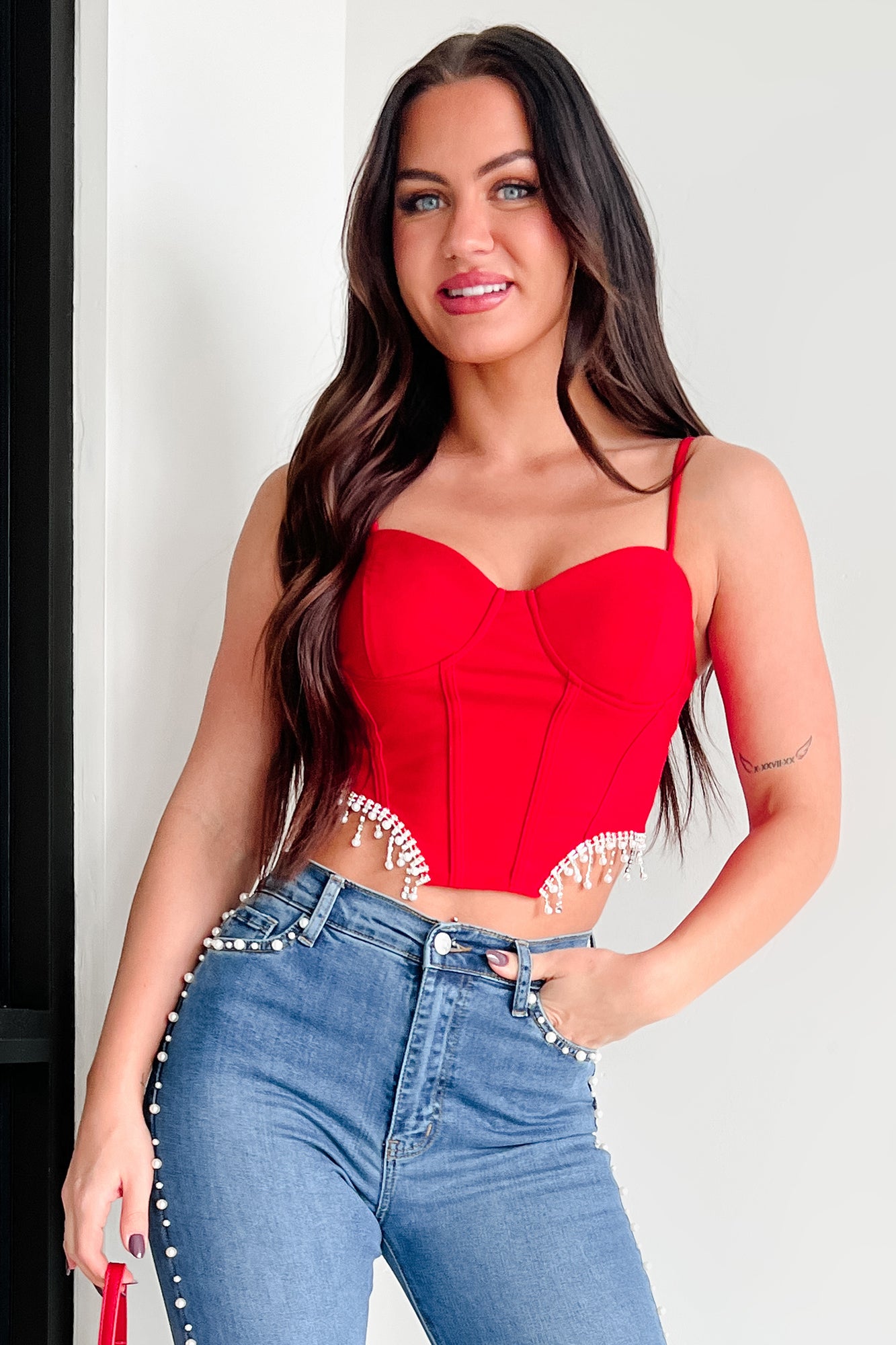 Fixed On You Rhinestone Pearl Fringe Top (Red) · NanaMacs