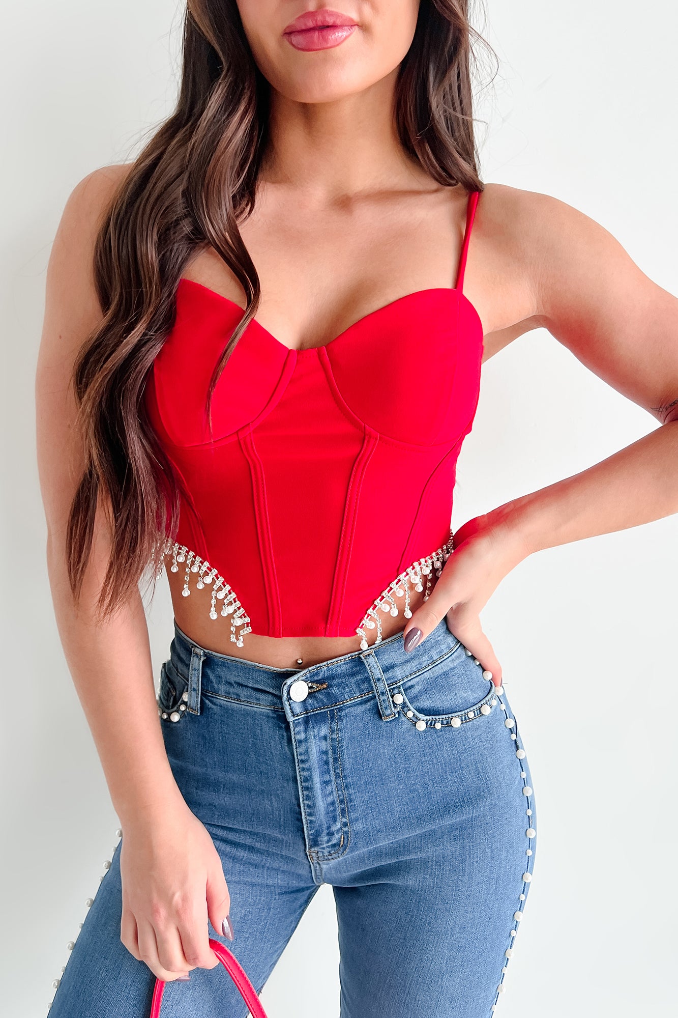 Fixed On You Rhinestone Pearl Fringe Top (Red) - NanaMacs