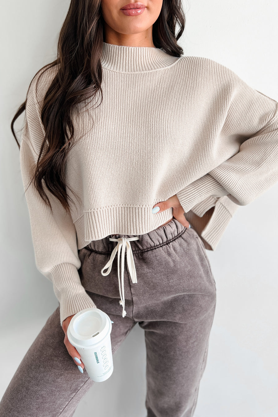 Cheerful Charm Oversized Zenana Crop Sweater (Sand Beige) - NanaMacs