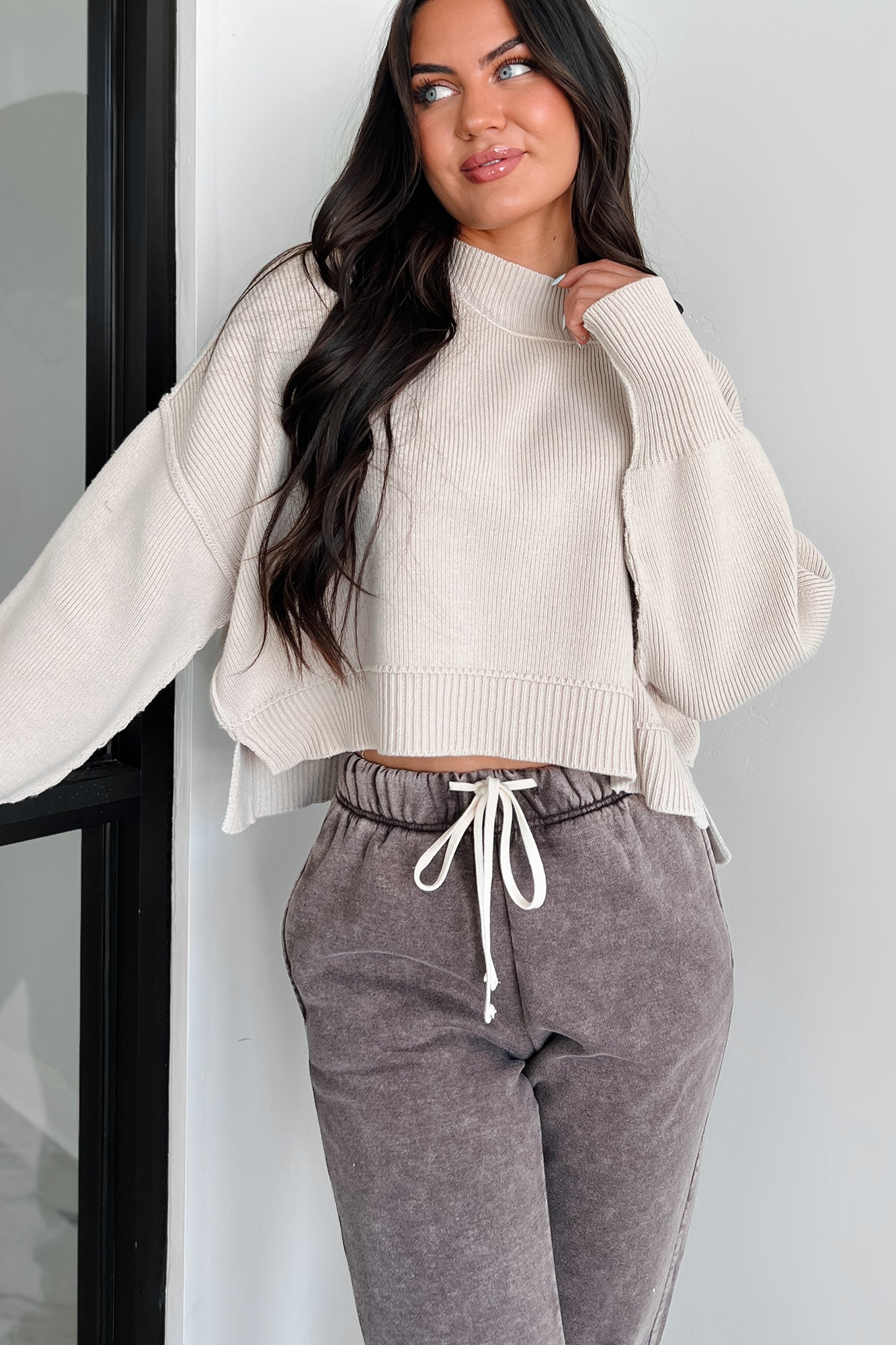 Cheerful Charm Oversized Zenana Crop Sweater (Sand Beige) - NanaMacs