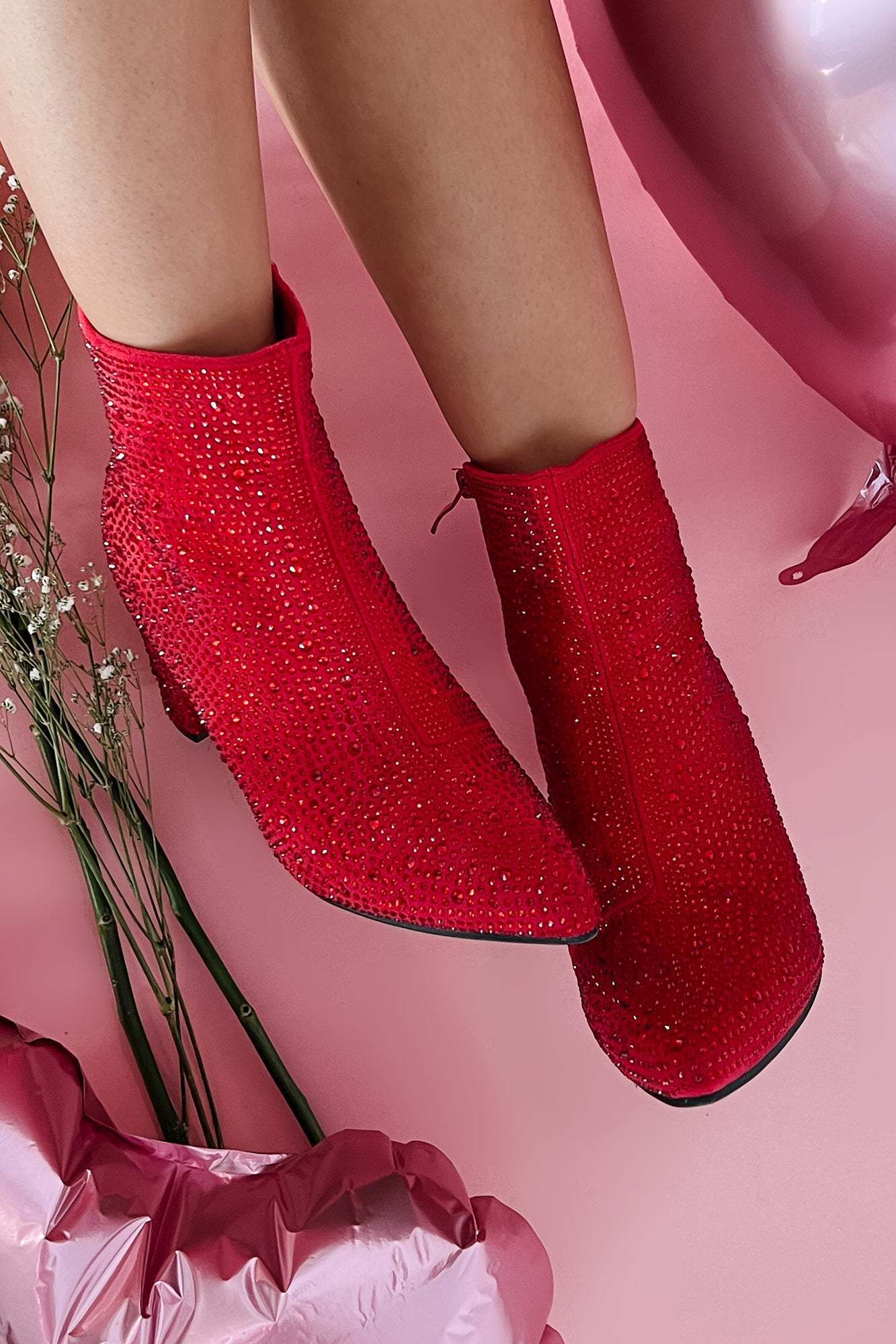 red dress booties Red Velvet Midi Dress With High-Heeled Ankle Boots