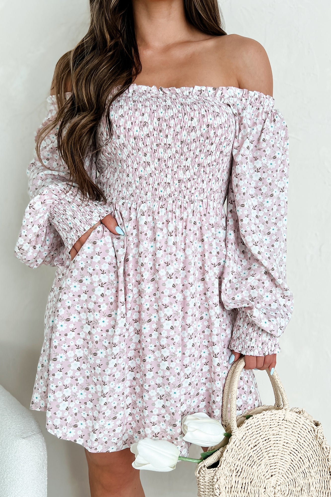 Dignified Beauty Long Sleeve Floral Mini Dress (Pink) - NanaMacs