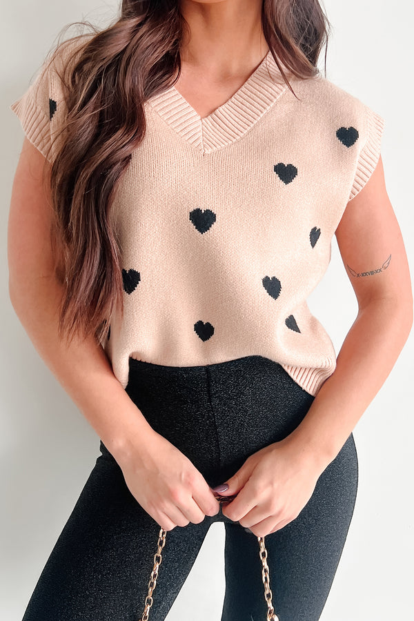 Love Letters To Me Heart Pattern Sweater Vest (Taupe) - NanaMacs