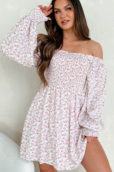 Dignified Beauty Long Sleeve Floral Mini Dress (Pink) - NanaMacs