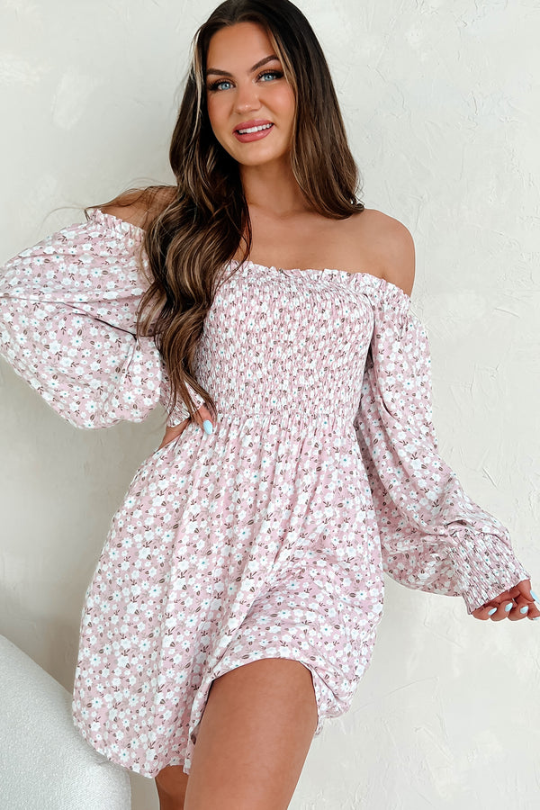 Dignified Beauty Long Sleeve Floral Mini Dress (Pink) - NanaMacs