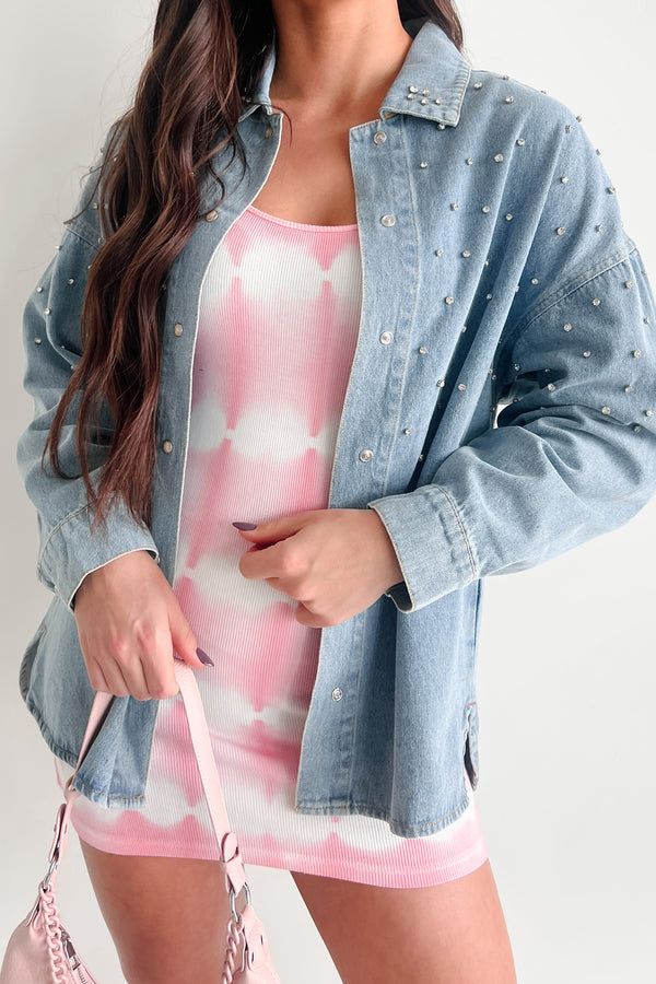 Woke Up Flawless Rhinestone Denim Shacket (Medium Denim) - NanaMacs