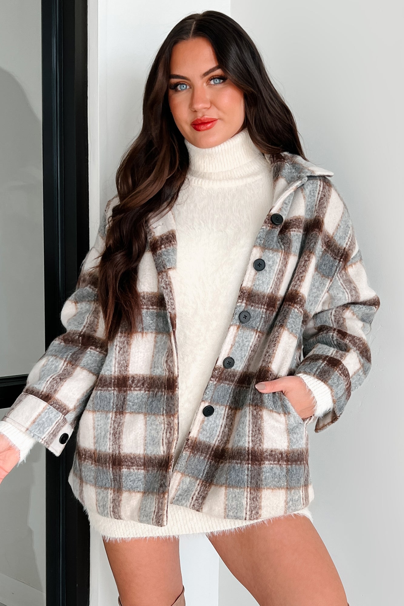 Don't Read Into It Oversized Plaid Jacket (Brown/Grey) - NanaMacs