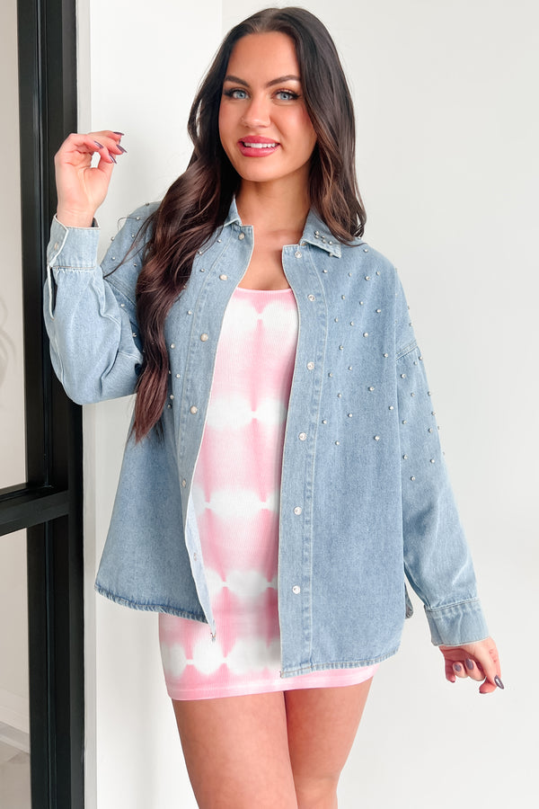 Woke Up Flawless Rhinestone Denim Shacket (Medium Denim) - NanaMacs