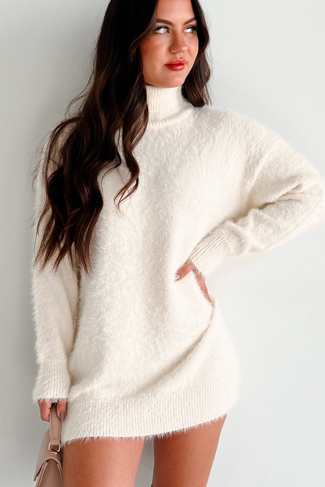 Seasoned Chicness Fuzzy Sweater Dress (Cream) - NanaMacs