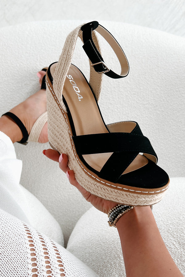 Endless Possibilities Cross Strap Espadrille Wedge Sandals (Black) - NanaMacs