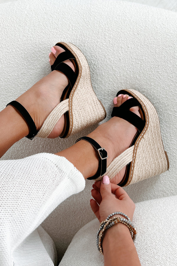 Endless Possibilities Cross Strap Espadrille Wedge Sandals (Black) - NanaMacs