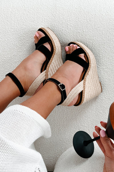 Endless Possibilities Cross Strap Espadrille Wedge Sandals (Black) - NanaMacs