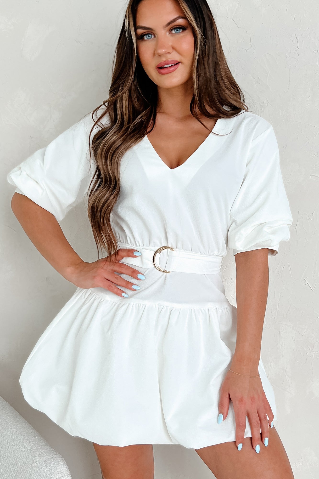 Tracy Belted Bubble Hem Mini Dress (Off White) - NanaMacs