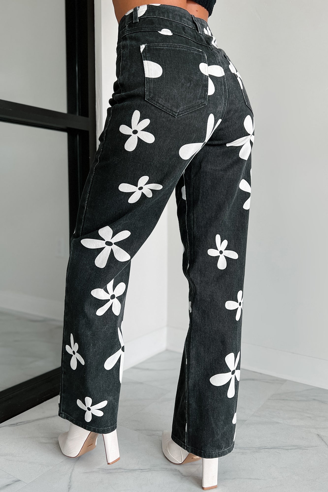 Believing In You Wide Leg Flower Pattern Jean (Black) - NanaMacs
