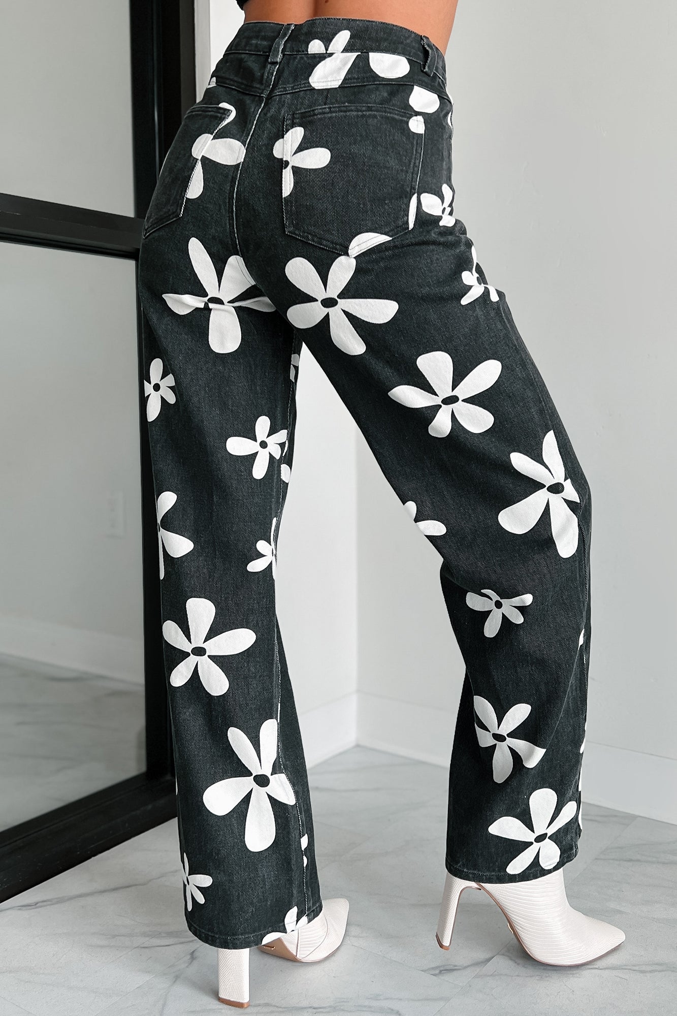 Believing In You Wide Leg Flower Pattern Jean (Black) - NanaMacs