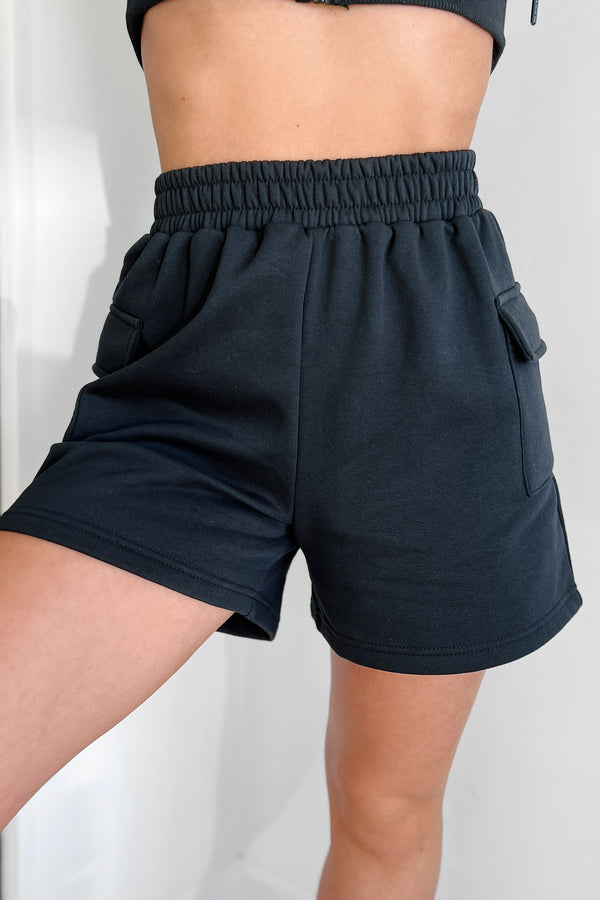 Cloudy Days High Waist Cargo Lounge Shorts (Black) - NanaMacs