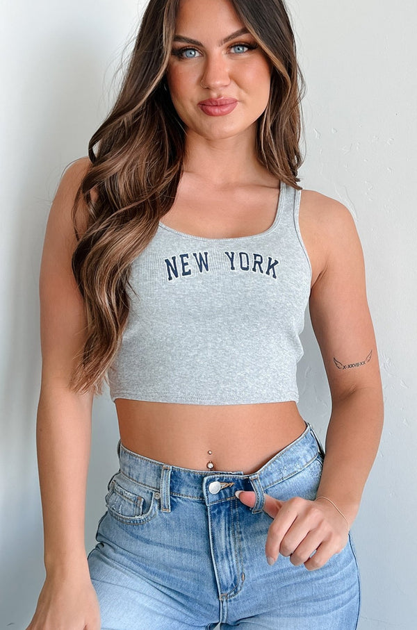 New York Dreamer Ribbed "New York" Crop Tank (Heather Grey) - NanaMacs