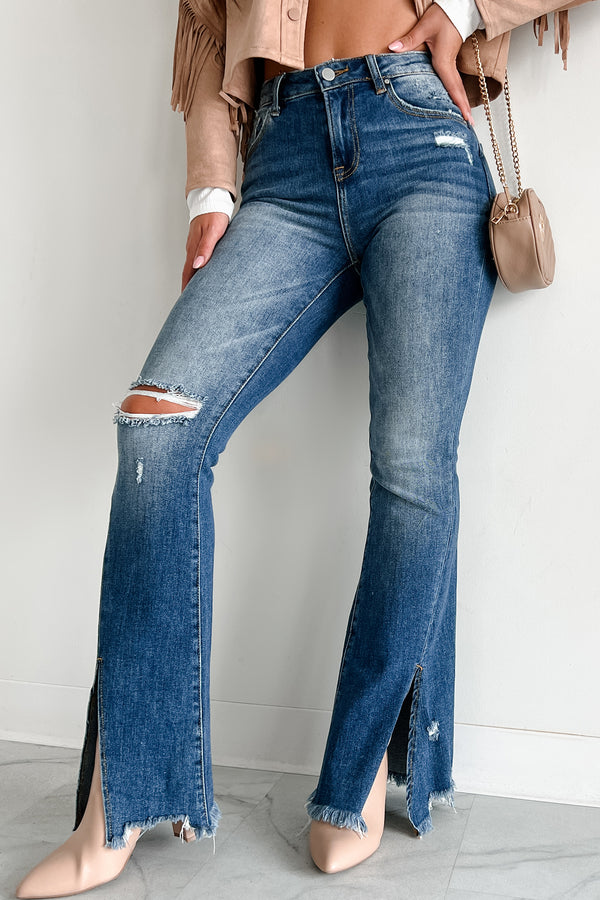 Cassius High Rise Split Hem Risen Flare Jeans (Dark) - NanaMacs