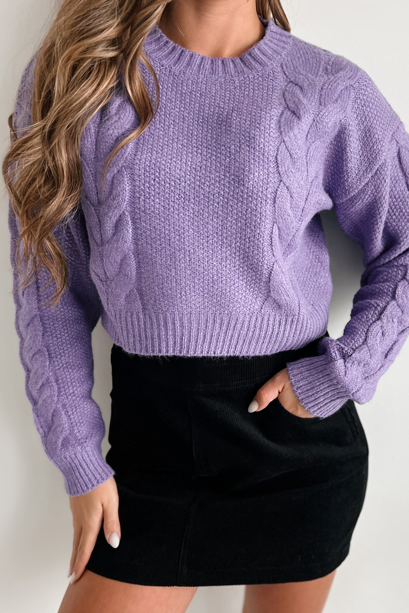 Learned My Lesson Cable Knit Crop Sweater (Purple) - NanaMacs