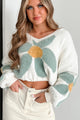 Work Out Your Feelings Floral V-Neck Sweater (Ivory/Sage) - NanaMacs