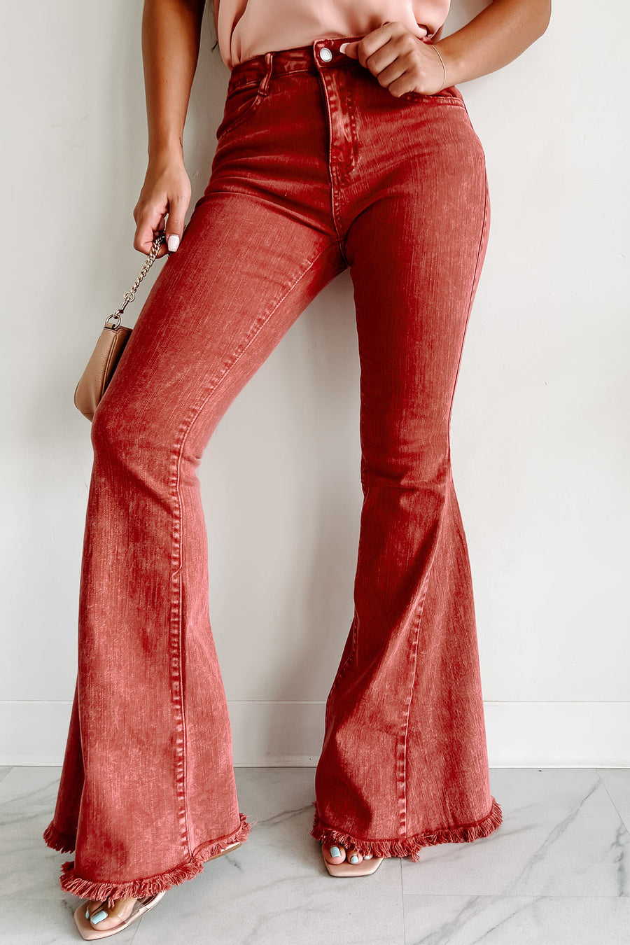 My Own Time Mid-Rise Bell Bottom Flare Jeans (Brick Red) - NanaMacs