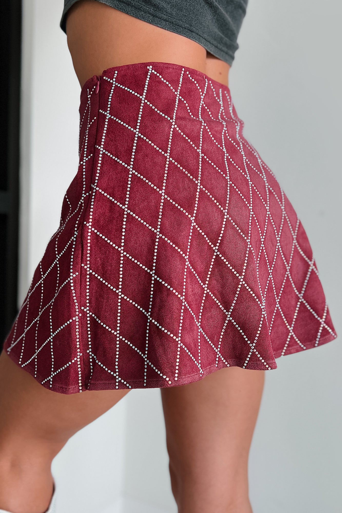 Dressing It Up A Notch Rhinestone Woven Skater Skirt (Berry) - NanaMacs
