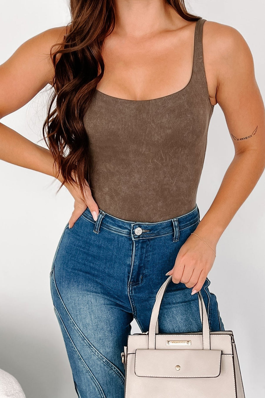 Casual Tendencies Washed Tank Bodysuit (Brown) - NanaMacs