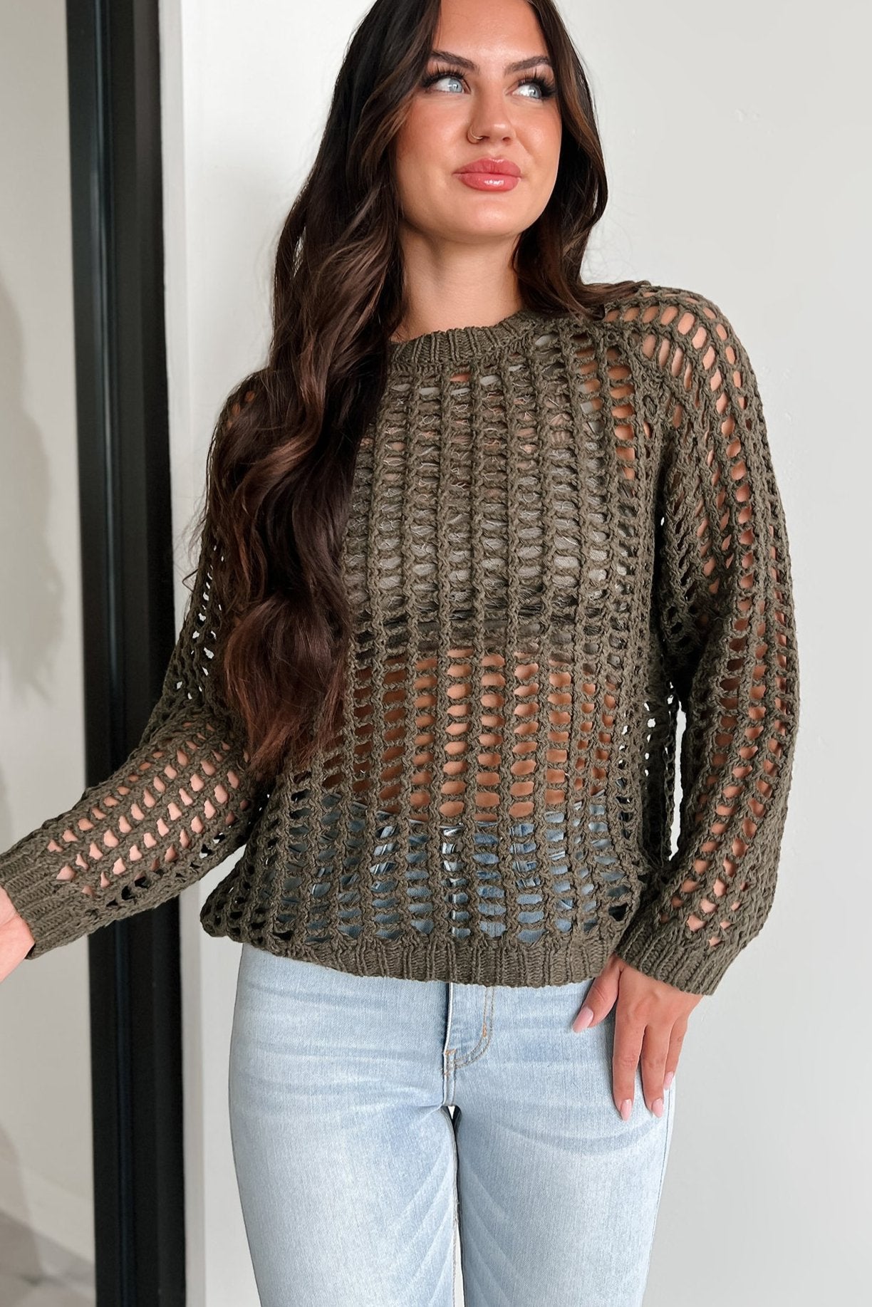 Castillo Hollow Knit Sweater Top (Olive) - NanaMacs