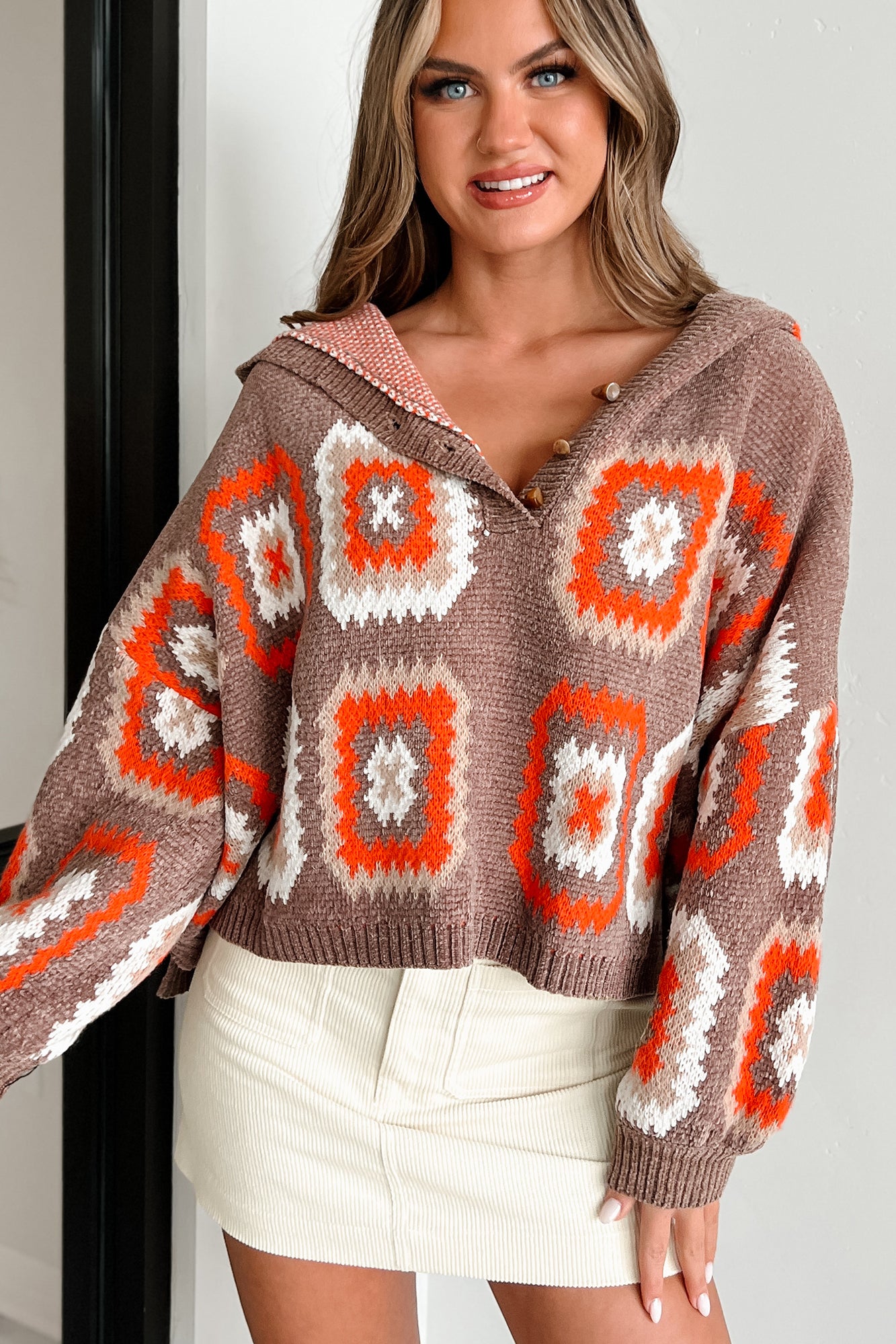 Ailyn Hooded Geometric Sweater (Mocha/Multi) - NanaMacs