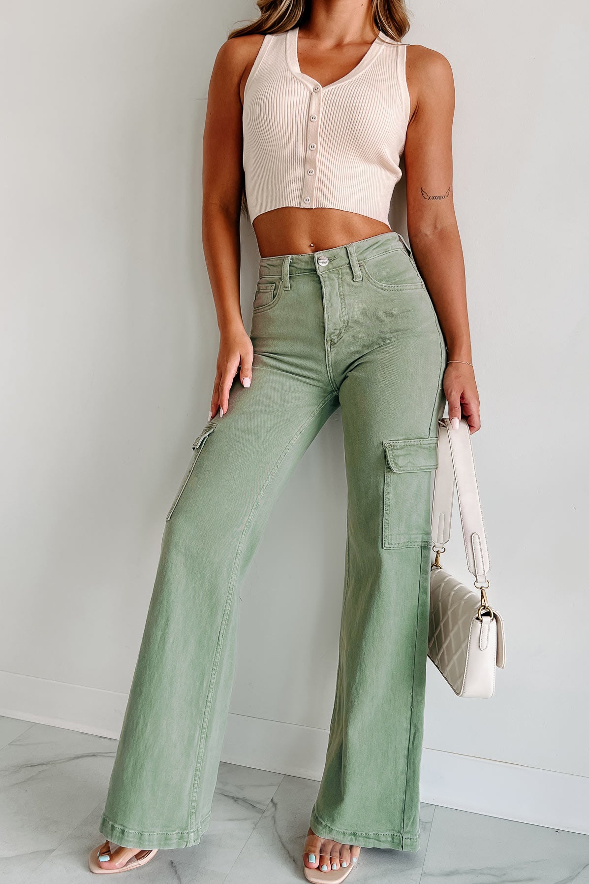 Living In The Moment High Rise Wide Leg Cargo Jeans (Olive) - NanaMacs