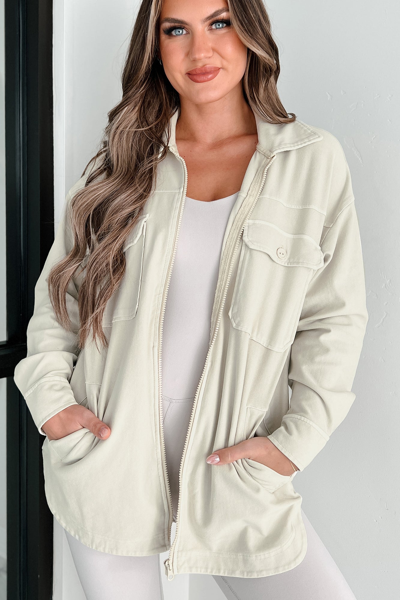 Headstrong & Opinionated  Zip-Front Oversized Shacket (Natural) - NanaMacs