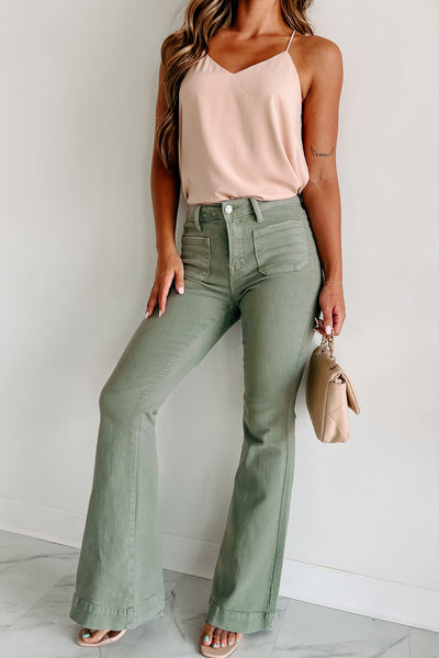 Colton Non-Distressed High Rise Risen Flare Jeans (Olive) - NanaMacs